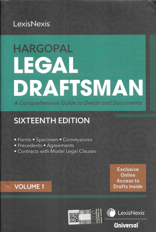 Two-volume set of Hargopal Legal Draftsman Sixteenth Edition by LexisNexis, featuring updated drafts, forms, conveyances, precedents, and model clauses for professional legal drafting.