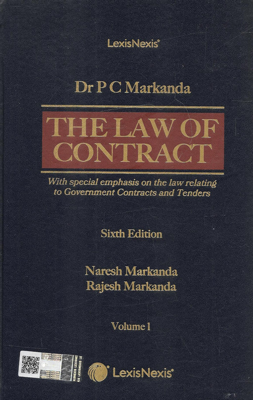 Two-volume set of The Law of Contract Sixth Edition by Dr. P. C. Markanda, Naresh Markanda, and Rajesh Markanda, published by LexisNexis, featuring blue hardcover design and government contract focus.