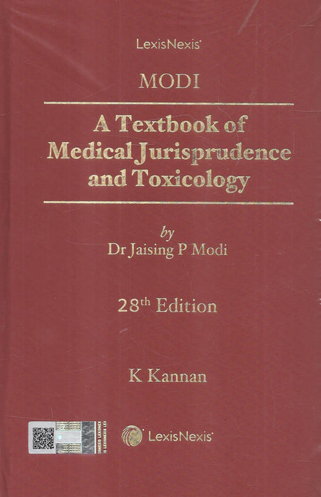Cover of Modi’s A Textbook of Medical Jurisprudence and Toxicology, 28th Edition (2025), revised by K. Kannan, published by LexisNexis, standard reference for forensic medicine and law.