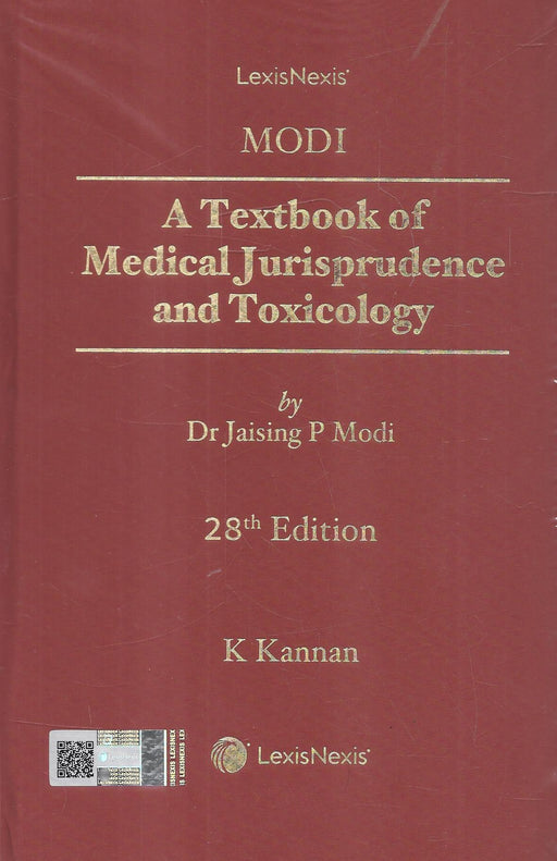 Cover of Modi’s A Textbook of Medical Jurisprudence and Toxicology, 28th Edition (2025), revised by K. Kannan, published by LexisNexis, standard reference for forensic medicine and law.