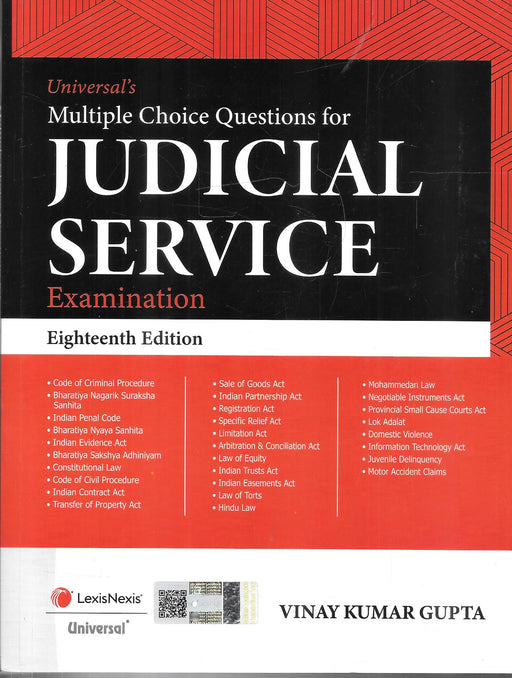 Cover of Universal’s Multiple Choice Questions for Judicial Service Examination by Vinay Kumar Gupta, 18th Edition 2025, LexisNexis publication, featuring subject-wise MCQs for judicial service aspirants.
