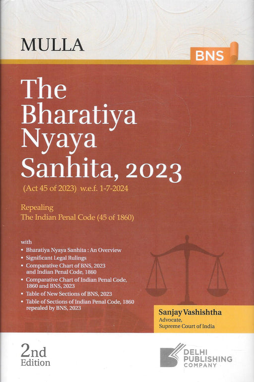 Front cover of The Bharatiya Nyaya Sanhita 2023 by Sanjay Vashishtha published by Delhi Publishing Company, a comprehensive criminal law book replacing the Indian Penal Code with comparative charts, section-wise mapping, tables of new provisions, and structured analysis for lawyers and judges.