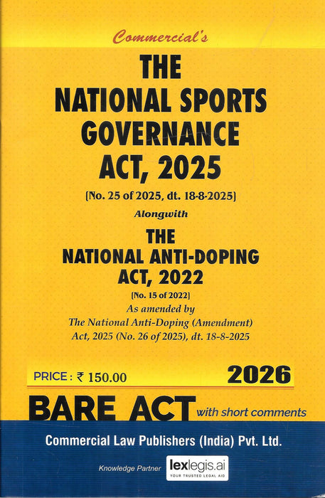 Cover of The National Sports Governance Act, 2025 (Bare Act with Short Comments), 2026 edition by Commercial Law Publishers. Includes the National Anti-Doping Act, 2022 with 2025 amendments, making it essential for sports law and governance.