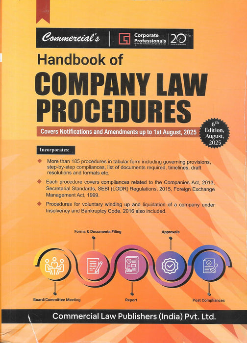 Cover of Handbook of Company Law Procedures (6th Edition, 2025) by Corporate Professionals, featuring compliance steps, corporate governance procedures, and updates incorporating amendments up to 1st August 2025.