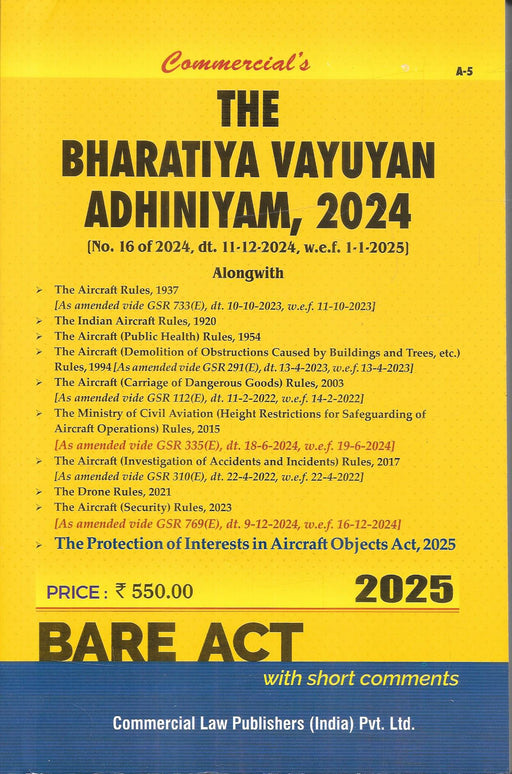 Cover image of the 2025 edition of The Bharatiya Vayuyan Adhiniyam, 2024 Bare Act, published by Commercial Law Publishers, includes updated rules and aviation laws with short comments.