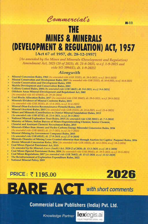 Front cover of Mines and Minerals Development and Regulation Act 1957 2026 Edition Bare Act by Commercial Law Publishers showing updated amendment 2025, mineral concession rules, auction rules, coal mines provisions, and short comments for mining law compliance.