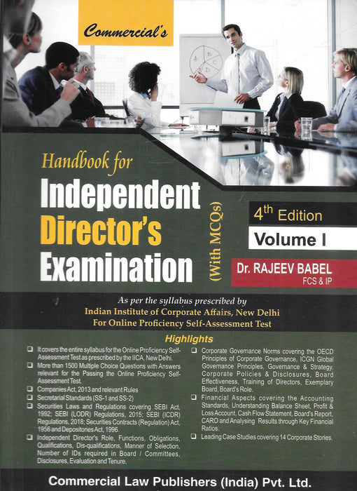 Cover of "Handbook for Independent Director’s Examination (With MCQs)" by Dr. Rajeev Babel, Volume I, 4th Edition 2025, featuring boardroom scene and corporate highlights.