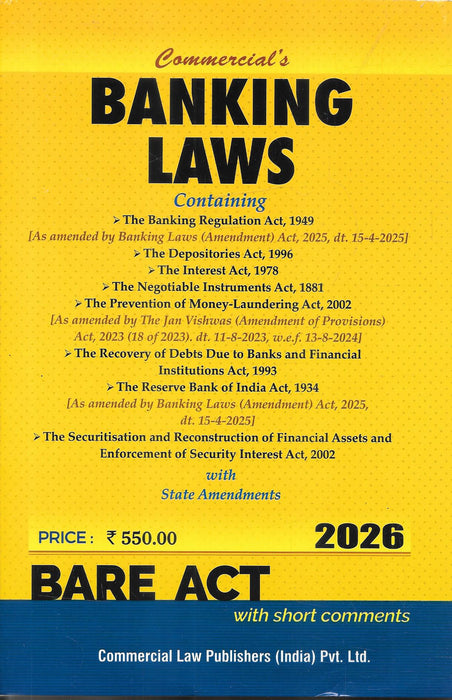 Front cover of Banking Laws Bare Act 2026 with Short Comments by Commercial Law Publishers, featuring key statutes like the Banking Regulation Act, RBI Act, PMLA, and state amendments, updated with 2025 amendments.