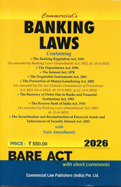 Front cover of Banking Laws Bare Act 2026 with Short Comments by Commercial Law Publishers, featuring key statutes like the Banking Regulation Act, RBI Act, PMLA, and state amendments, updated with 2025 amendments.
