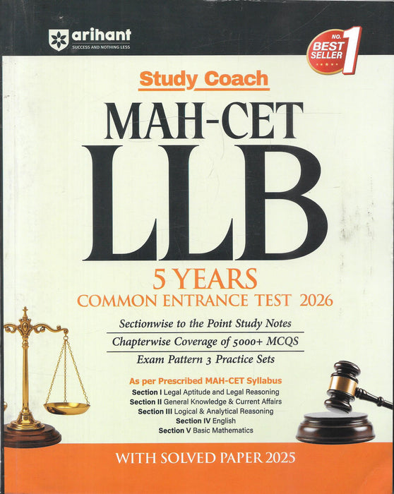 Front and back cover of MAH CET LLB 5 Years Study Coach 2026 by Arihant, featuring section-wise study notes, 5000 plus MCQs, solved MAH CET 2025 paper, and practice sets designed for law entrance exam aspirants in Maharashtra.