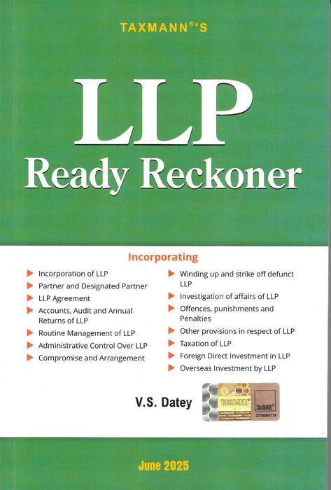 Cover of 'LLP Ready Reckoner' by V.S. Datey, June 2025 edition, published by Taxmann. The book covers LLP incorporation, audit, returns, penalties, foreign investment, and management rules for professionals.