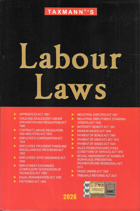 Cover of Taxmann’s Labour Laws 2026 edition featuring a consolidated collection of major Indian labour statutes including wages, social security, industrial relations, safety, and employment regulations, designed for legal and compliance professionals.