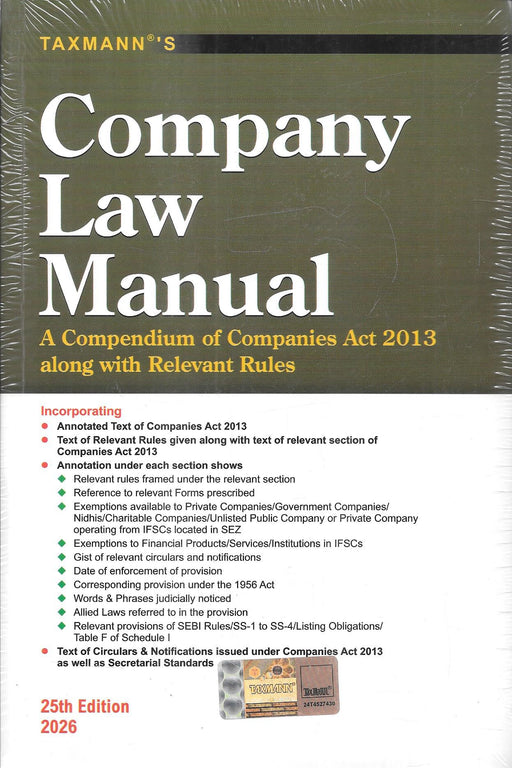 Front cover of Company Law Manual 25th Edition 2026 by Taxmann, a comprehensive corporate law reference book featuring the Companies Act 2013 with annotated provisions, relevant rules, SEBI guidelines, exemptions, circulars, and secretarial standards for legal and compliance professionals.