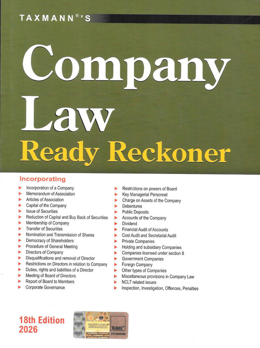 Front cover of Company Law Ready Reckoner 18th Edition 2026 by Taxmann, a comprehensive company law reference covering Companies Act compliance, directors duties, corporate governance, audits, NCLT issues, and regulatory procedures, widely used by company secretaries, chartered accountants, corporate lawyers, and in-house legal teams.