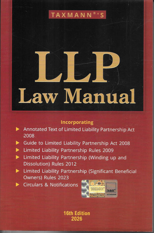 Front cover of LLP Law Manual 2026 by Taxmann, featuring the 16th edition with updated LLP Act 2008, LLP Rules 2009, winding up and dissolution rules, significant beneficial owners rules 2023, and compliance-focused legal content for professionals.