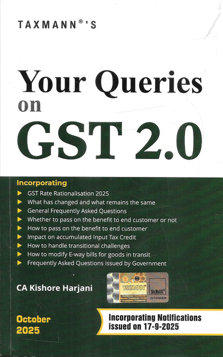Front cover of Your Queries on GST 2.0 by CA Kishore Harjani, October 2025 edition by Taxmann, featuring topics like GST Rate Rationalisation 2025, input tax credit, E-way bills, and key government notifications.
