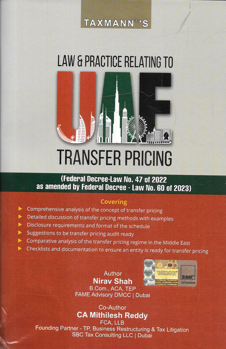 Cover of the book Law & Practice Relating to UAE Transfer Pricing by Nirav Shah and CA Mithilesh Reddy, published by Taxmann, featuring Dubai skyline graphics and legal reference to UAE Federal Decree-Law No. 47 of 2022.