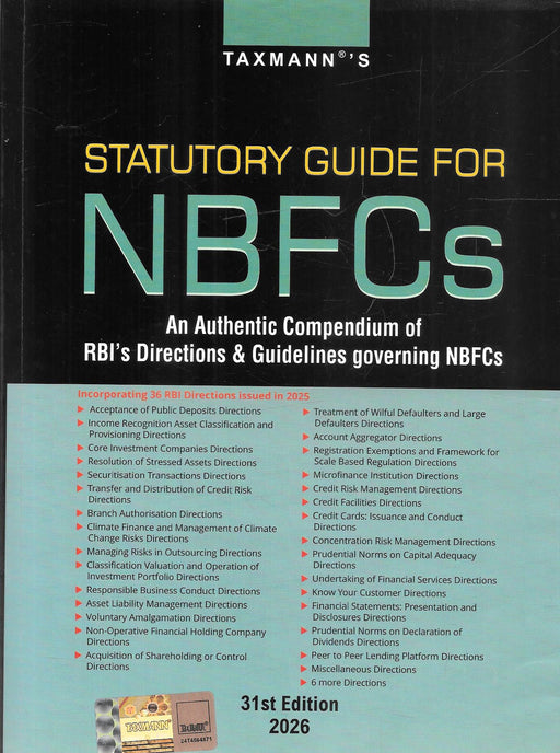 Front cover of Statutory Guide for NBFCs 31st Edition 2026 by Taxmann, a comprehensive compilation of RBI directions and guidelines governing non-banking financial companies, widely used by NBFC compliance officers, auditors, financial consultants, and banking law professionals for regulatory compliance and inspections.