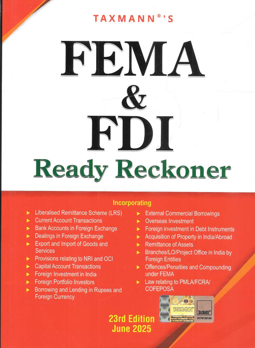 Cover of the book “FEMA & FDI Ready Reckoner” (23rd Edition, June 2025) by Taxmann, highlighting foreign investment, LRS, ECBs, and PMLA-related provisions in a bold design.