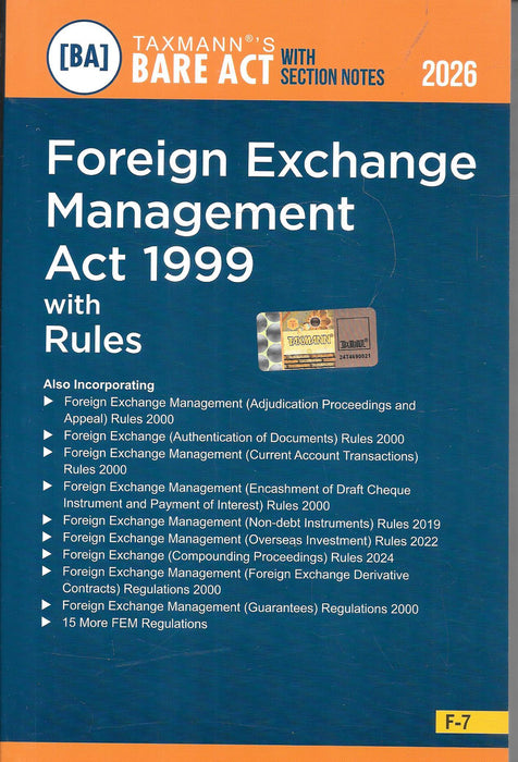 Cover of the 2026 edition of the Foreign Exchange Management Act 1999 with Rules by Taxmann Publications, featuring section notes and updated FEMA regulations for legal and finance professionals.