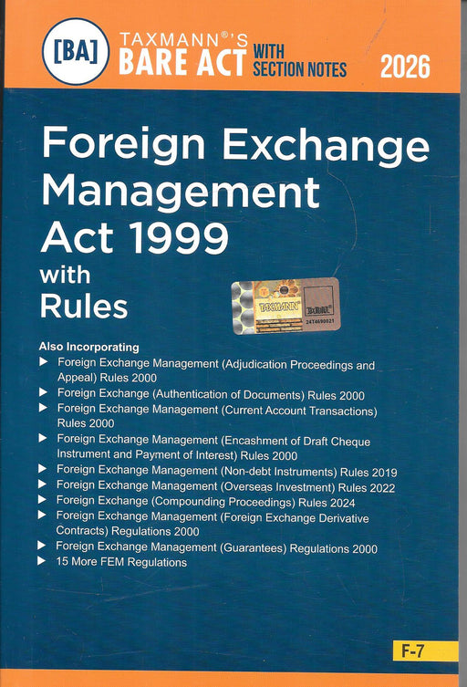 Cover of the 2026 edition of the Foreign Exchange Management Act 1999 with Rules by Taxmann Publications, featuring section notes and updated FEMA regulations for legal and finance professionals.