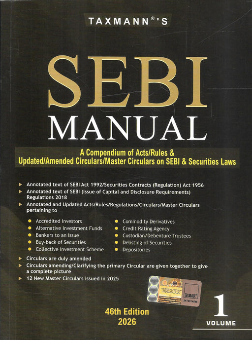 Three-volume set of SEBI Manual 46th Edition 2026 by Taxmann, featuring black hardbound covers with gold lettering, compiling updated SEBI and securities laws, annotated regulations, circulars and master circulars for capital market professionals and legal practitioners.