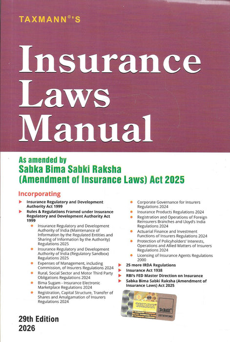 Front cover of Taxmann Insurance Laws Manual 29th Edition 2026 updated with Sabka Bima Sabki Raksha Amendment Act 2025 and latest IRDAI regulations, comprehensive reference for insurance compliance and legal professionals.