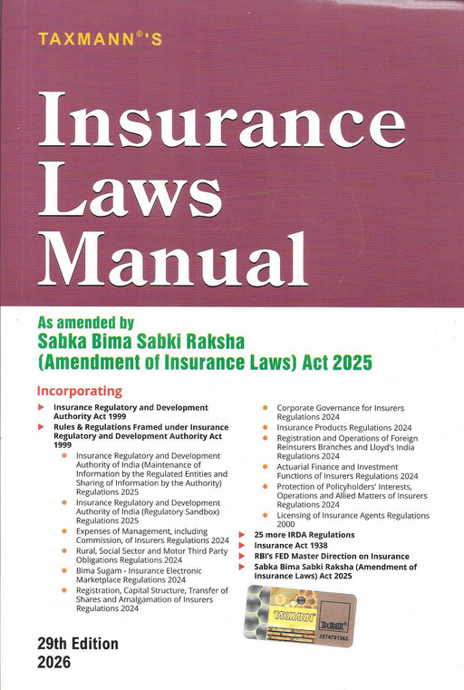 Front cover of Taxmann Insurance Laws Manual 29th Edition 2026 updated with Sabka Bima Sabki Raksha Amendment Act 2025 and latest IRDAI regulations, comprehensive reference for insurance compliance and legal professionals.