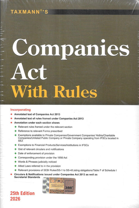 Front cover of Companies Act With Rules 25th Edition 2026 by Taxmann, featuring an annotated Companies Act 2013 with Rules, exemptions, circulars, SEBI provisions, secretarial standards, and corporate compliance guidance for professionals.