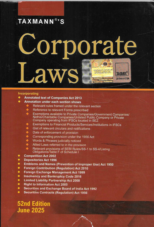Cover of Taxmann’s Corporate Laws 2025 (52nd Edition) showing annotated Companies Act, 2013 with key laws including FEMA, IBC, RTI, SEBI, and Competition Act.