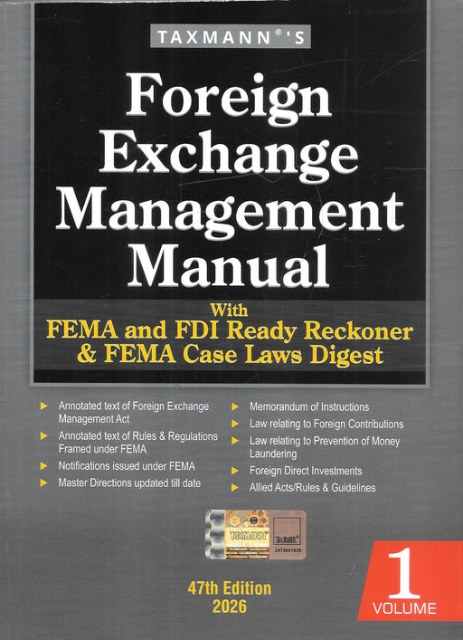 Two-volume Foreign Exchange Management Manual 2026 by Taxmann featuring FEMA law, RBI master directions, FDI policy, case law digest, and compliance guidance for advocates, chartered accountants, company secretaries, banks, and corporate legal professionals in India.