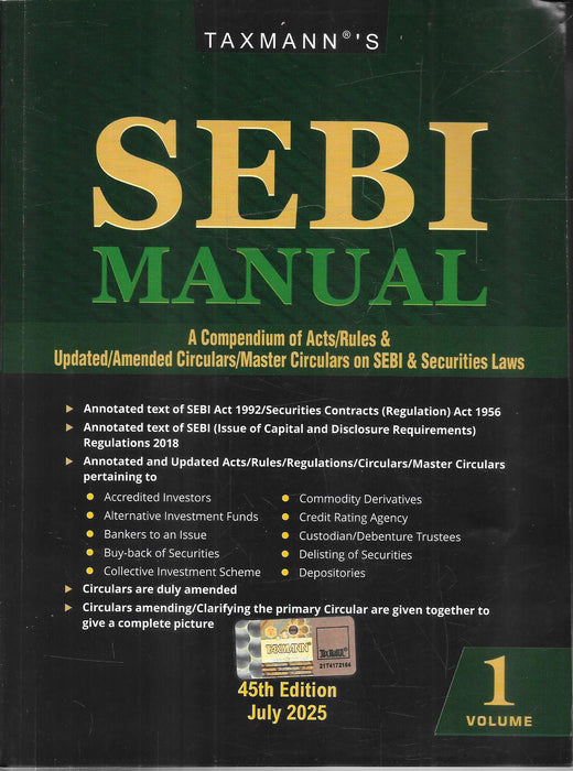 Cover image showing Taxmann’s SEBI Manual 2025 (45th Edition), a 3-volume compendium of Acts, Rules, Regulations, and Circulars on securities law and SEBI compliance in India, published in July 2025.