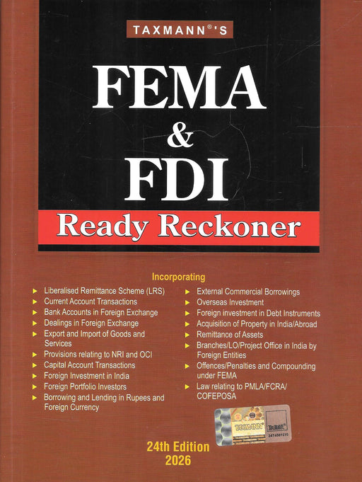 Front cover of FEMA and FDI Ready Reckoner 2026 by Taxmann, a brown hardcover reference guide covering FEMA regulations, foreign direct investment policy, cross-border transactions, remittances, penalties, and compliance requirements for lawyers, CAs, CS professionals, banks, and corporates in India.