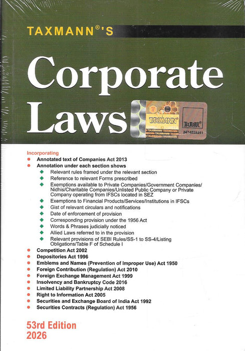 Front cover of Corporate Laws by Taxmann, 53rd Edition 2026, featuring annotated Companies Act 2013 along with SEBI regulations, IBC, LLP Act, FEMA, and allied corporate statutes, widely used by corporate lawyers, company secretaries, and compliance professionals in India.