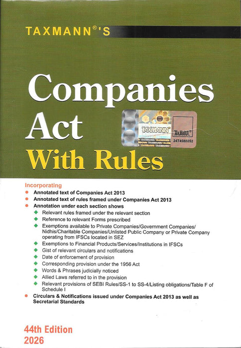 Front cover of Companies Act With Rules Pocket Edition 2026 by Taxmann, a compact Indian company law bare act including updated Companies Act 2013, rules, exemptions, notifications, and secretarial standards for lawyers, company secretaries, and compliance professionals.