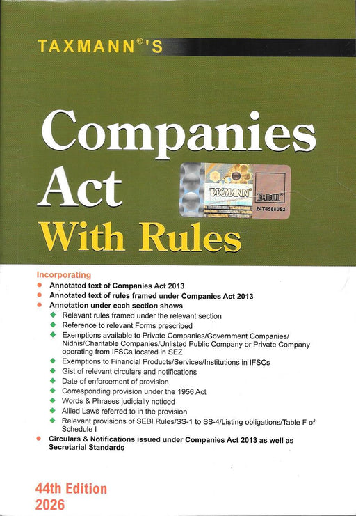 Front cover of Companies Act With Rules Pocket Edition 2026 by Taxmann, a compact Indian company law bare act including updated Companies Act 2013, rules, exemptions, notifications, and secretarial standards for lawyers, company secretaries, and compliance professionals.