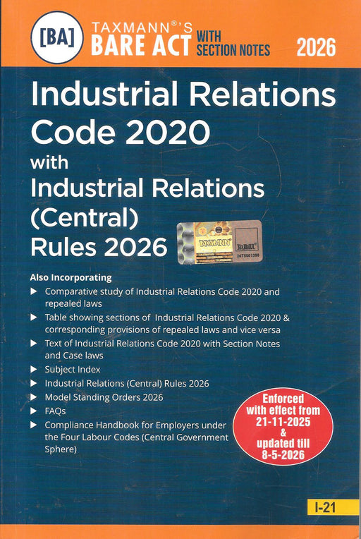 Taxmann Industrial Relations Code 2020 with Industrial Relations Central Rules 2026 Bare Act with Section Notes cover image