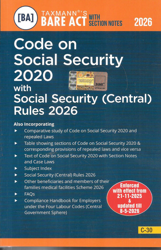 Taxmann Code on Social Security 2020 with Social Security Central Rules 2026 Bare Act with Section Notes cover image