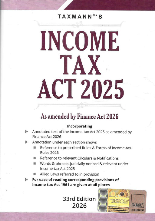 Income Tax Act 2025 pocket edition by Taxmann updated with Finance Act 2026 compact annotated tax law book for chartered accountants lawyers and students for quick reference