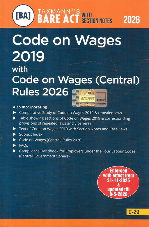 Taxmann Code on Wages 2019 with Code on Wages Central Rules 2026 Bare Act with Section Notes cover image