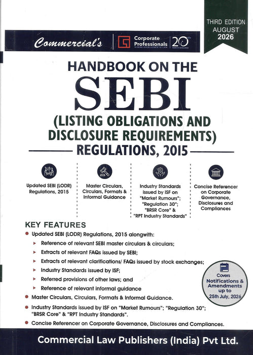 Cover of Handbook on the SEBI (Listing Obligations and Disclosure Requirements) Regulations, 2015, Third Edition (August 2026), published by Commercial Law Publishers (India) Pvt. Ltd. ISBN 9789378330445.
