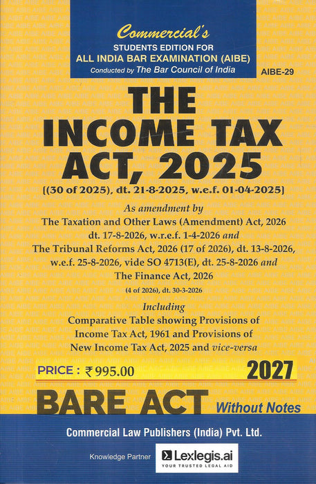 Commercial's The Income Tax Act, 2025 AIBE-29 Students Edition Bare Act Without Notes 2027.