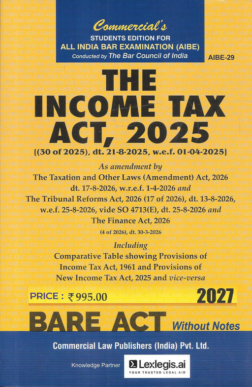 Commercial's The Income Tax Act, 2025 AIBE-29 Students Edition Bare Act Without Notes 2027.