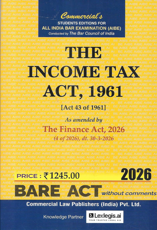 Income Tax Act 1961 bare act pocket edition 2026 showing yellow cover designed for AIBE students and legal professionals featuring updated provisions as per Finance Act 2026 ideal for quick reference and exam preparation in India.
