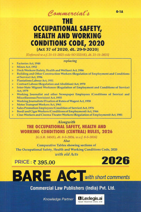 Commercial Labour Codes Bare Act Combo 2026 including Code on Wages Industrial Relations Social Security and OSHWC Codes