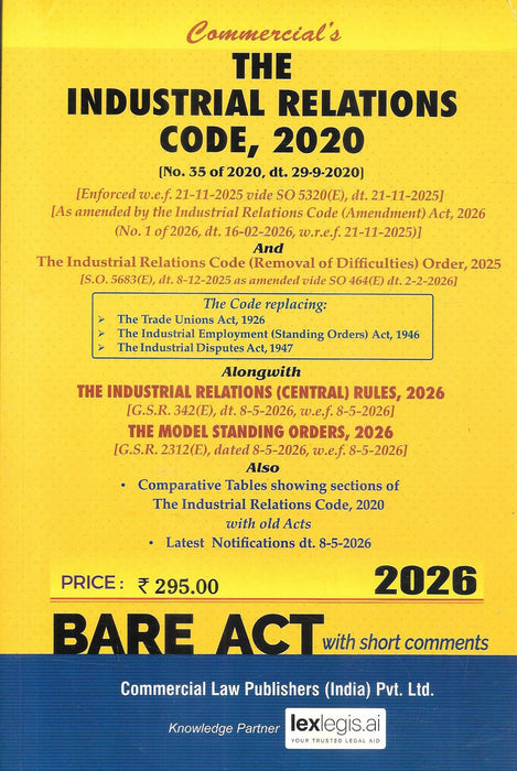 Commercial Labour Codes Bare Act Combo 2026 including Code on Wages Industrial Relations Social Security and OSHWC Codes