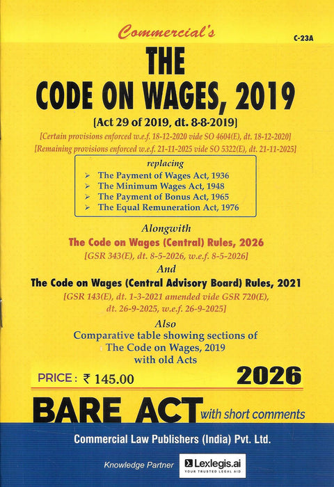 Book cover of 'The Code on Wages, 2019' with yellow and blue background