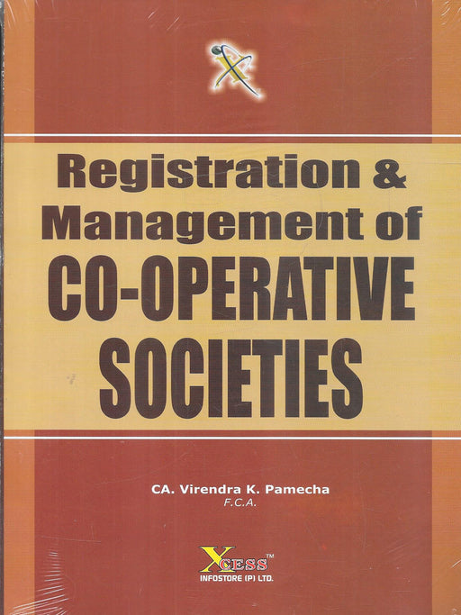 Book cover titled "Registration & Management of Co-operative Societies" by CA. Virendra K. Pamecha, published by Xcess Infostore, focused on co-operative governance in India.