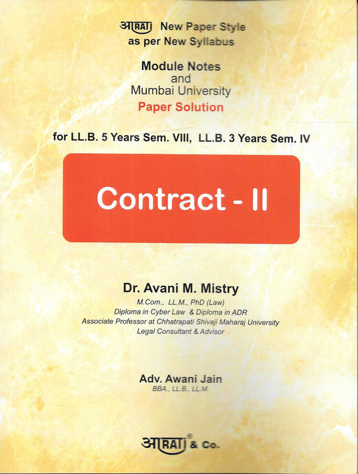 Front cover of Contract – II by Dr. Avani M. Mistry and Adv. Awani Jain, published by Arati & Co., featuring module-wise notes and Mumbai University paper solutions for LL.B. 3-year and 5-year students under the revised syllabus.