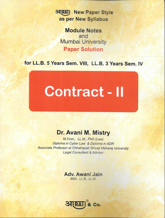 Front cover of Contract – II by Dr. Avani M. Mistry and Adv. Awani Jain, published by Arati & Co., featuring module-wise notes and Mumbai University paper solutions for LL.B. 3-year and 5-year students under the revised syllabus.